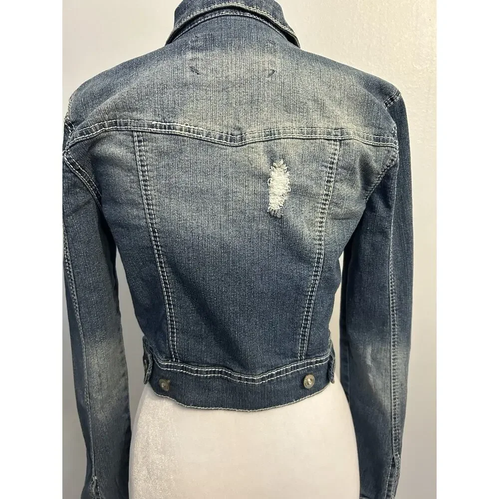 Y2K Cropped Jean Jacket Women's S Western Rhinestone Bling Sexy Hipster Country
